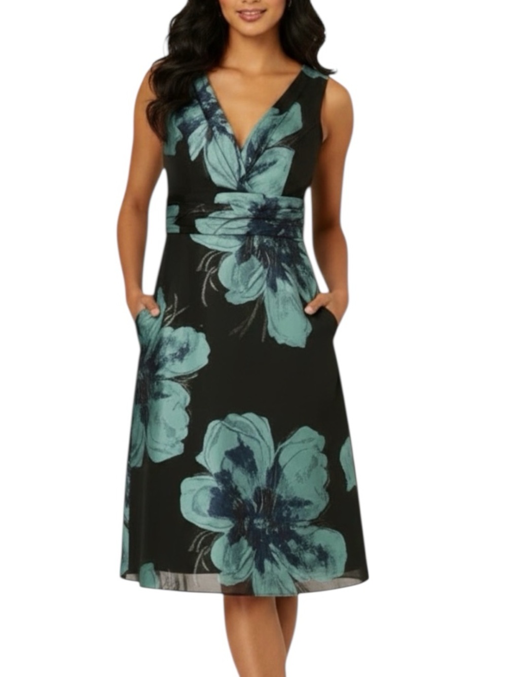 NWT ADRIANNA PAPELL Black Floral Jacquard Sleeveless A-Line Midi Dress Size 12